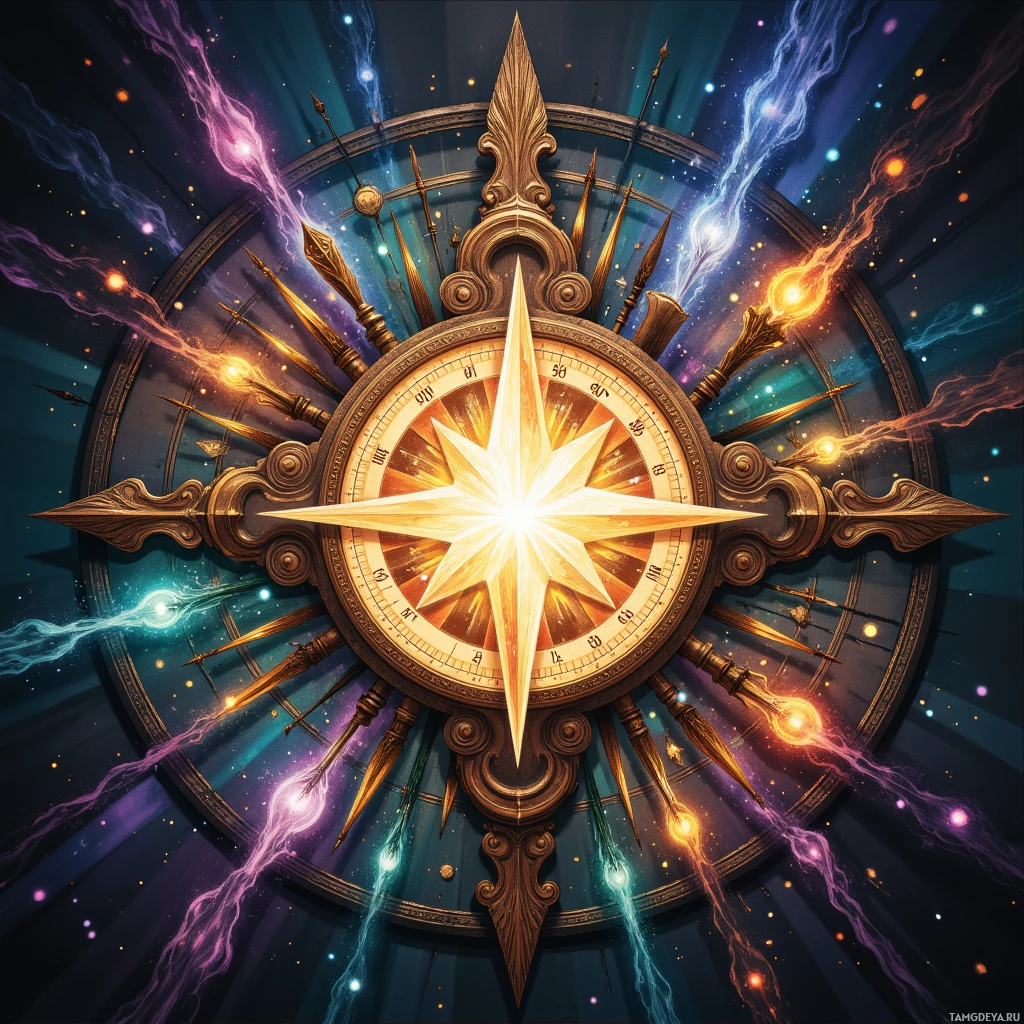 A mystical compass with glowing elements and celestial motifs.