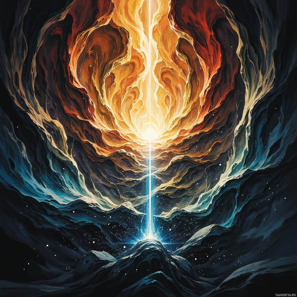 A cosmic scene featuring a glowing central light surrounded by swirling clouds and stars.