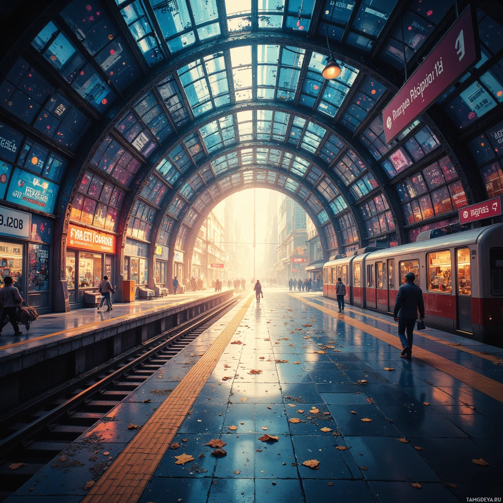 A modern train station with a glass roof and people walking.