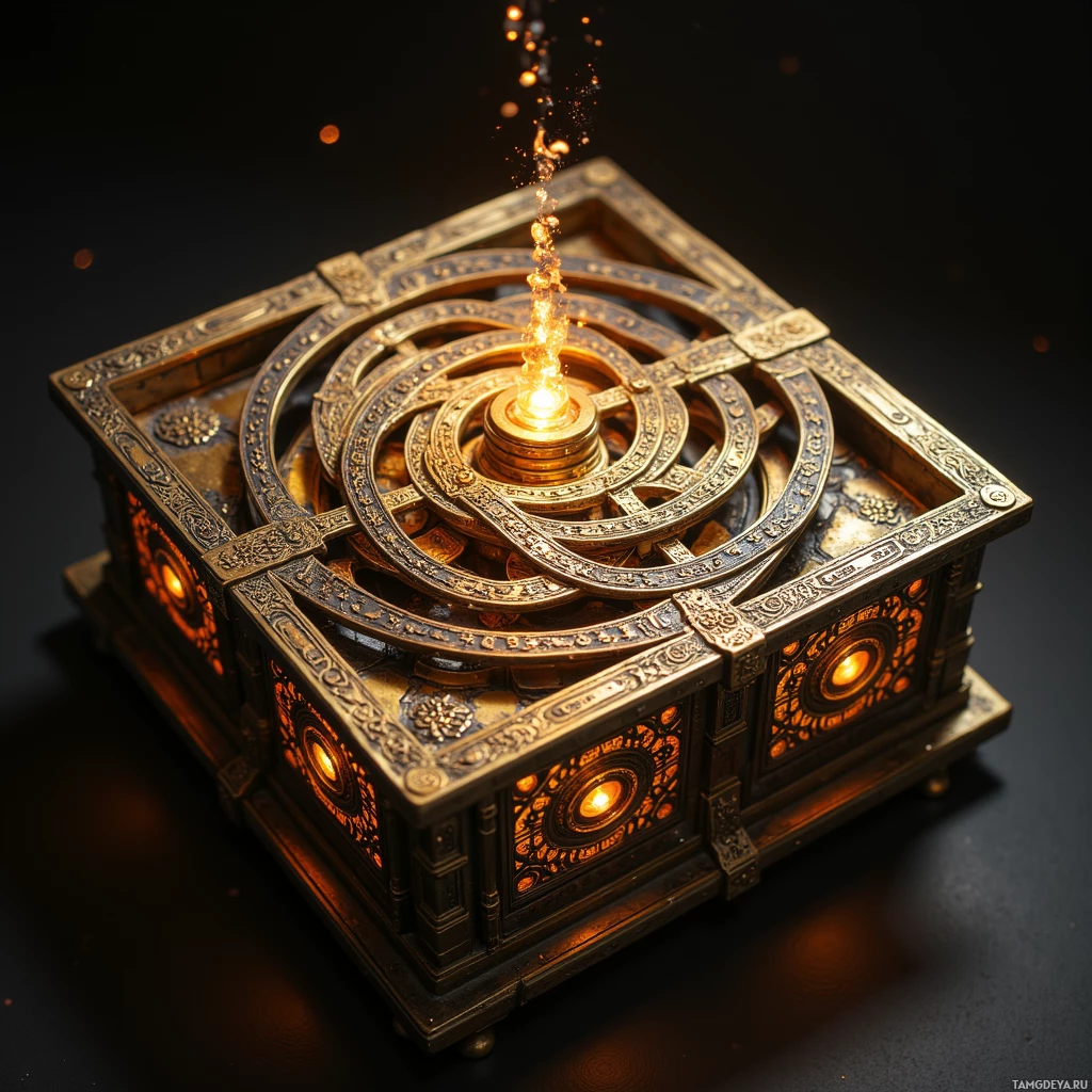A golden, ornate box with intricate designs and glowing lights.