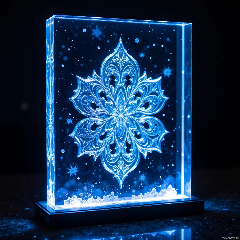 A glowing blue snowflake design illuminated within a glass block.