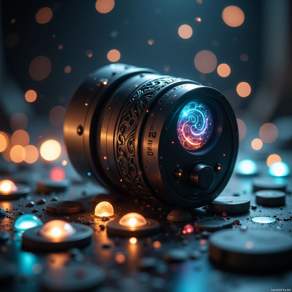 A close-up of a camera lens with glowing elements and bokeh lights in the background.