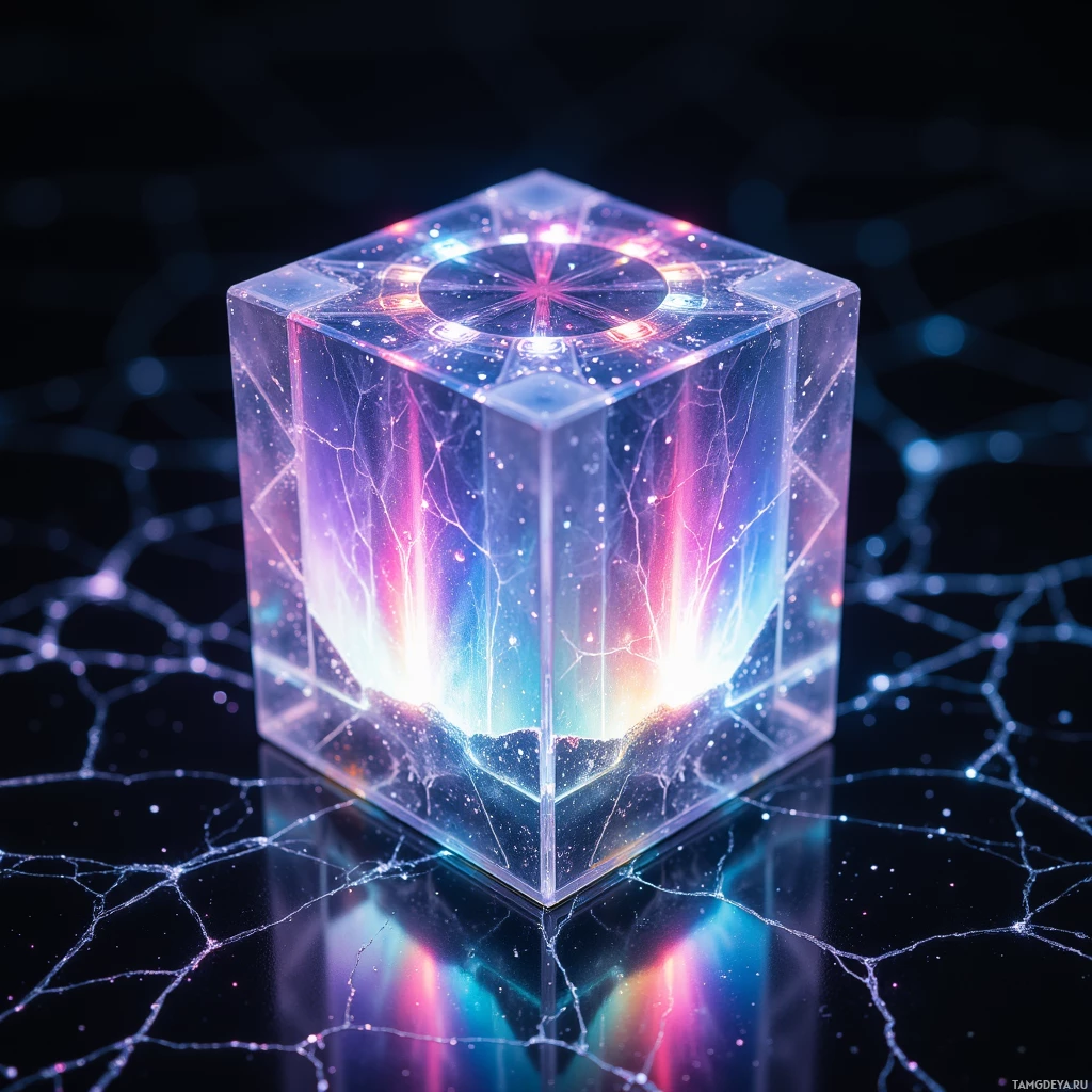 A glowing, transparent cube with intricate, colorful light patterns and spiderweb-like lines against a dark background.