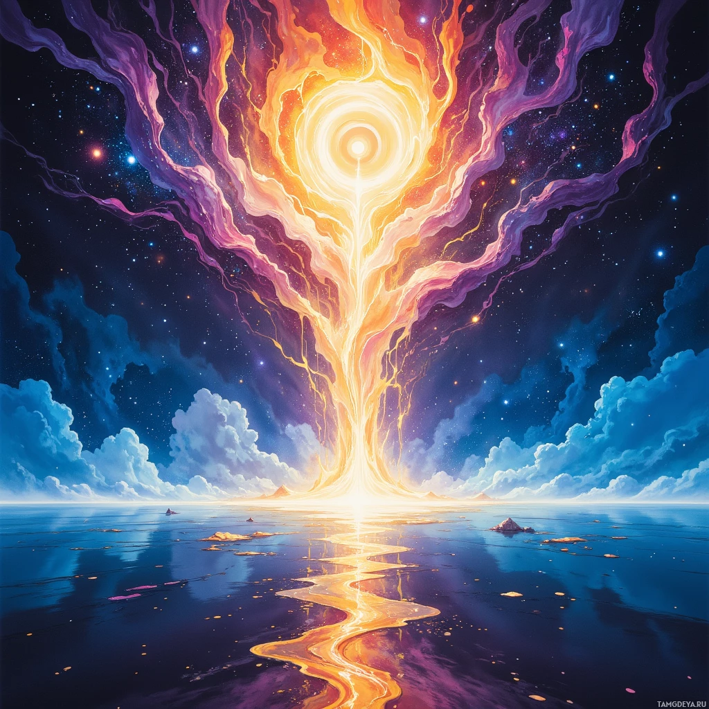 A vibrant cosmic scene with a glowing, radiant light source at the center, surrounded by swirling clouds and stars, reflected in a calm body of water below.