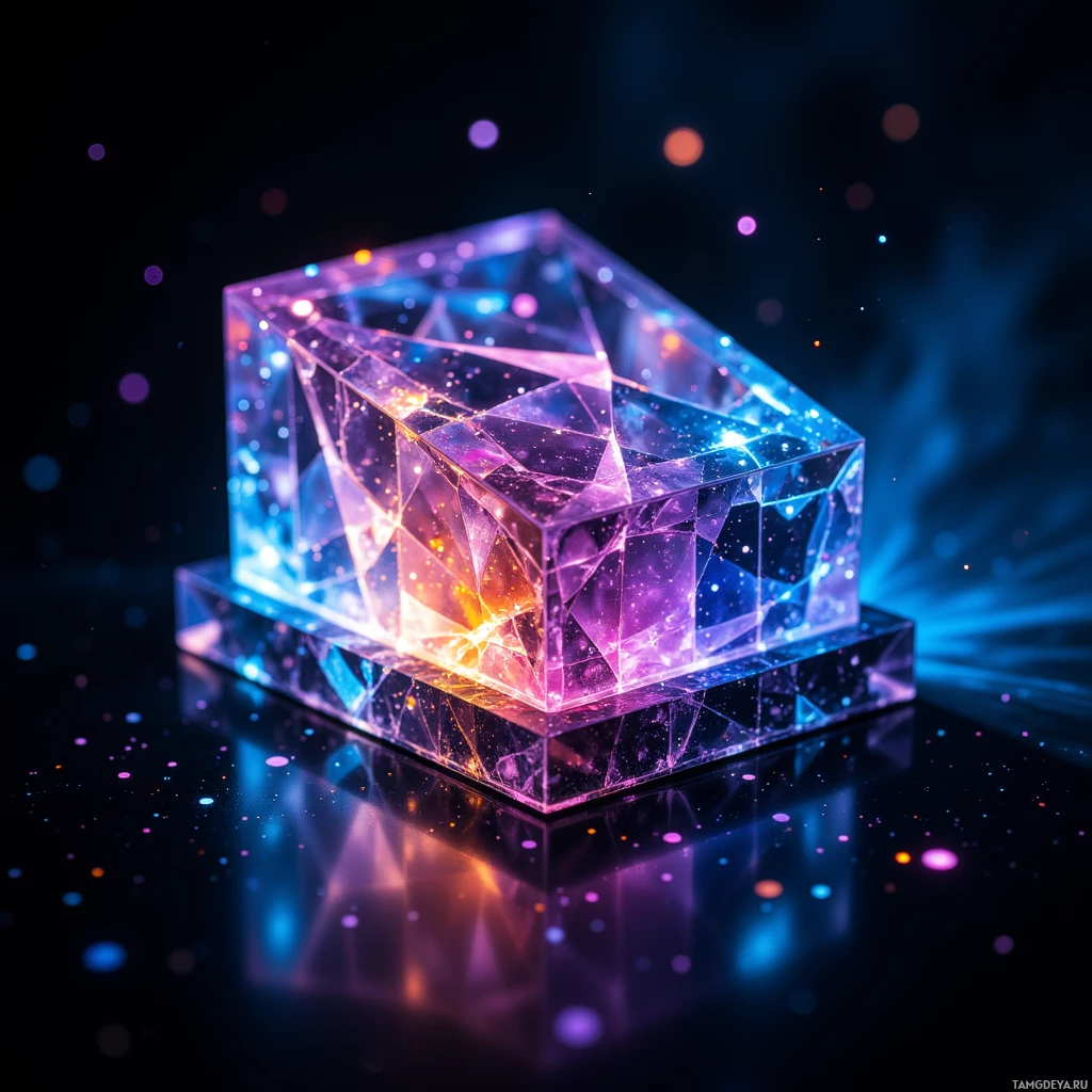 A glowing, transparent cube with intricate geometric patterns and colorful reflections on a dark background.
