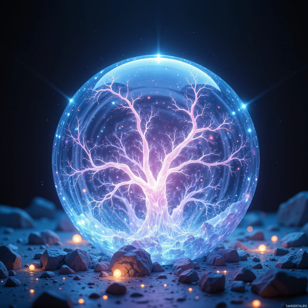 A glowing, ethereal tree encased in a transparent sphere surrounded by rocks and glowing orbs.