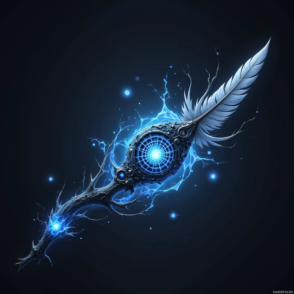 A glowing blue feather with intricate designs and energy lines against a dark background.