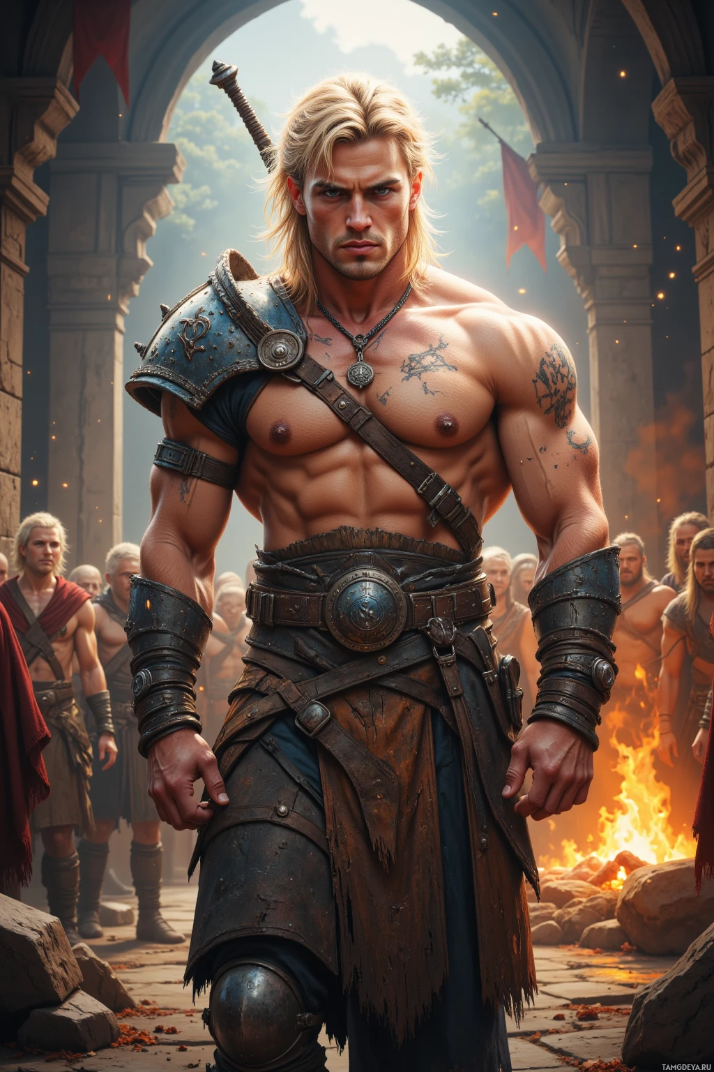 A muscular man in ancient warrior attire stands in a courtyard with a group of people and a fire in the background.