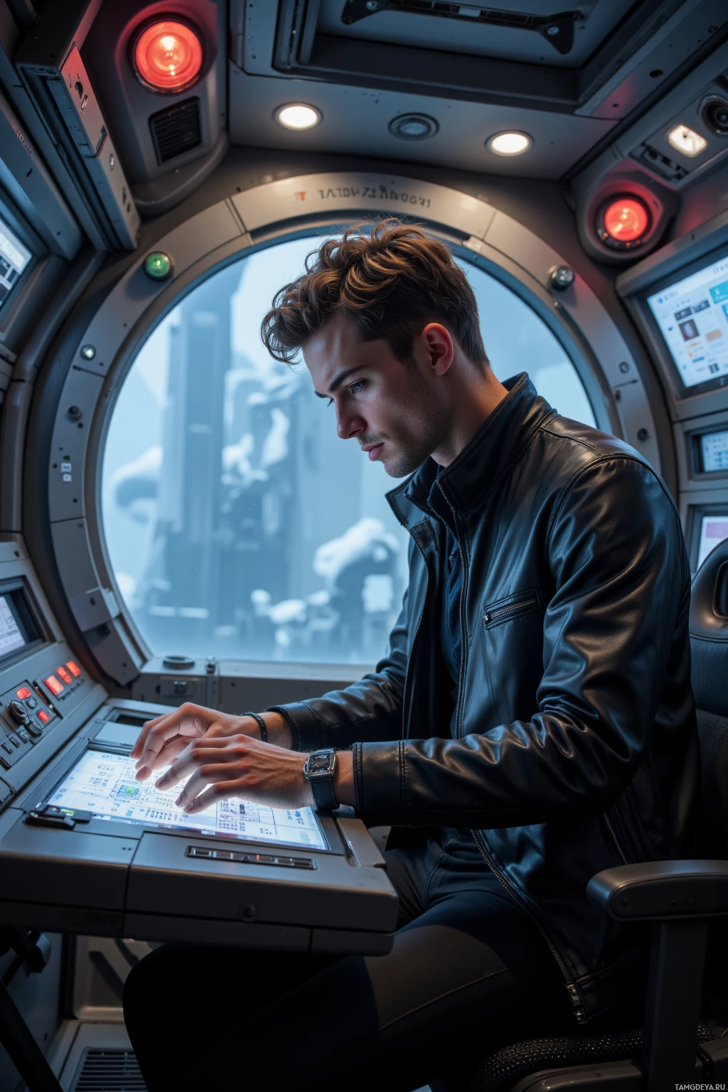A person in a leather jacket is seated inside a futuristic cockpit, working on a control panel.