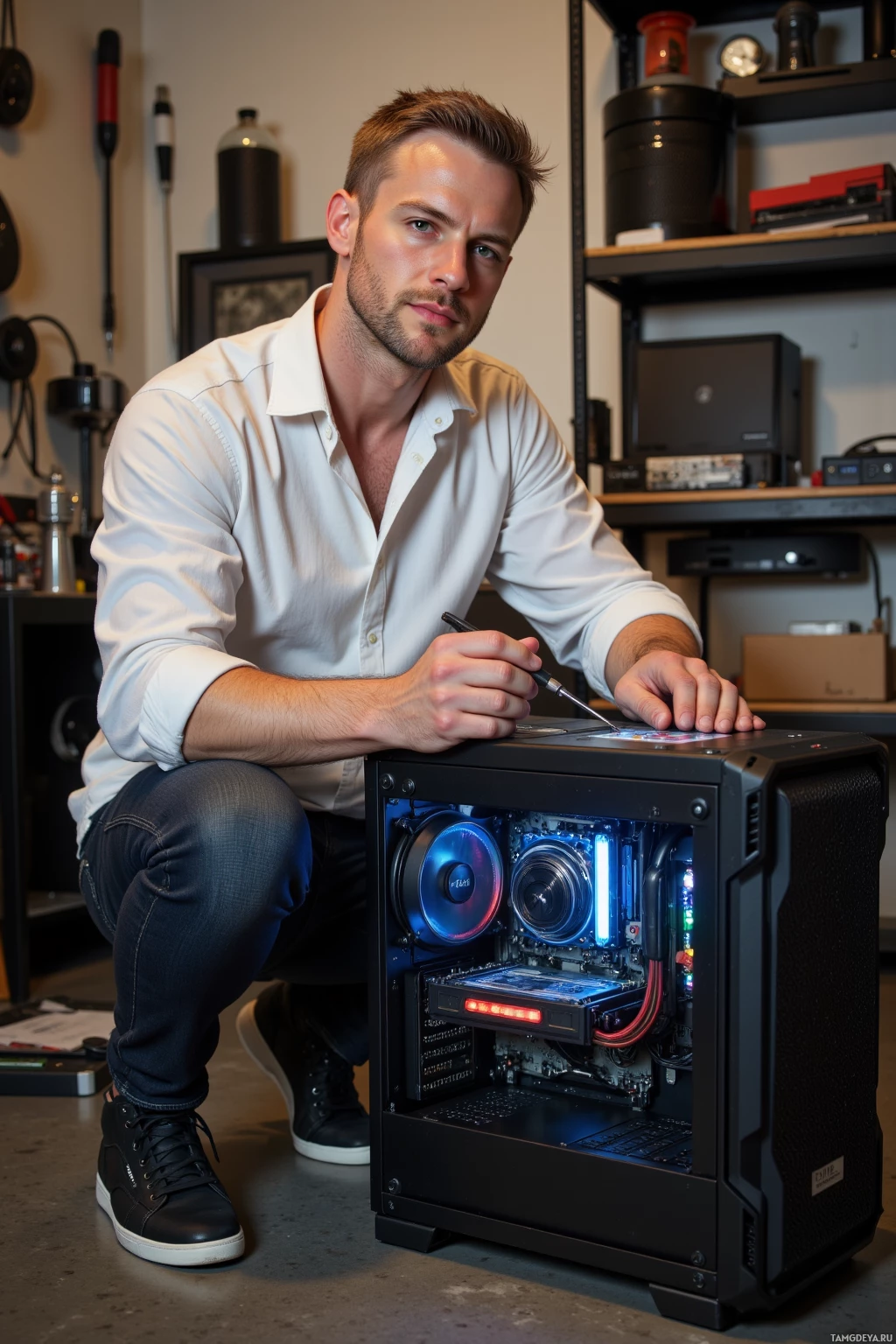 A man in a white shirt and jeans is kneeling beside an open computer case, holding a screwdriver.