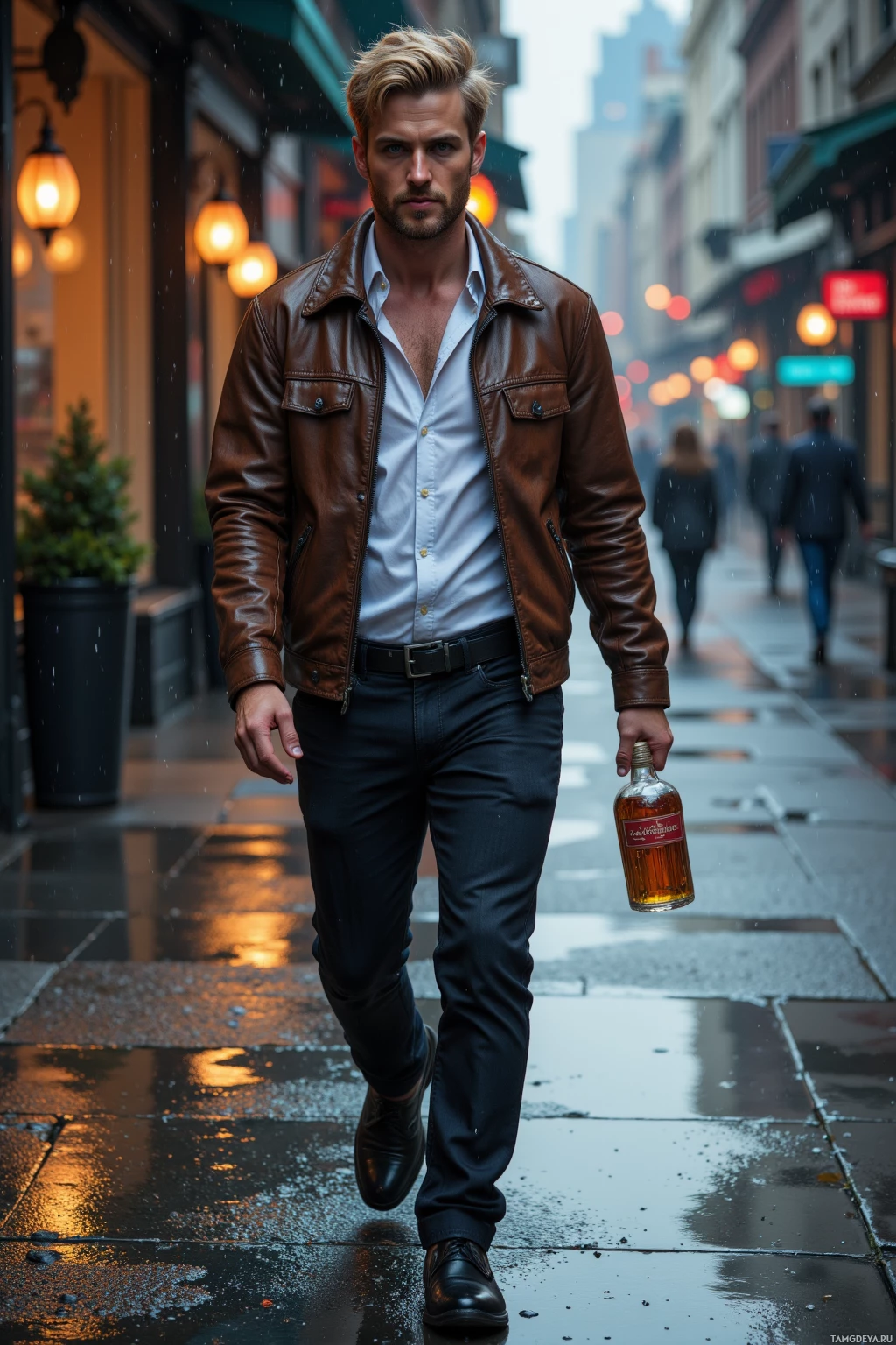 A man in a brown leather jacket and dark pants walks down a wet city street holding a bottle.