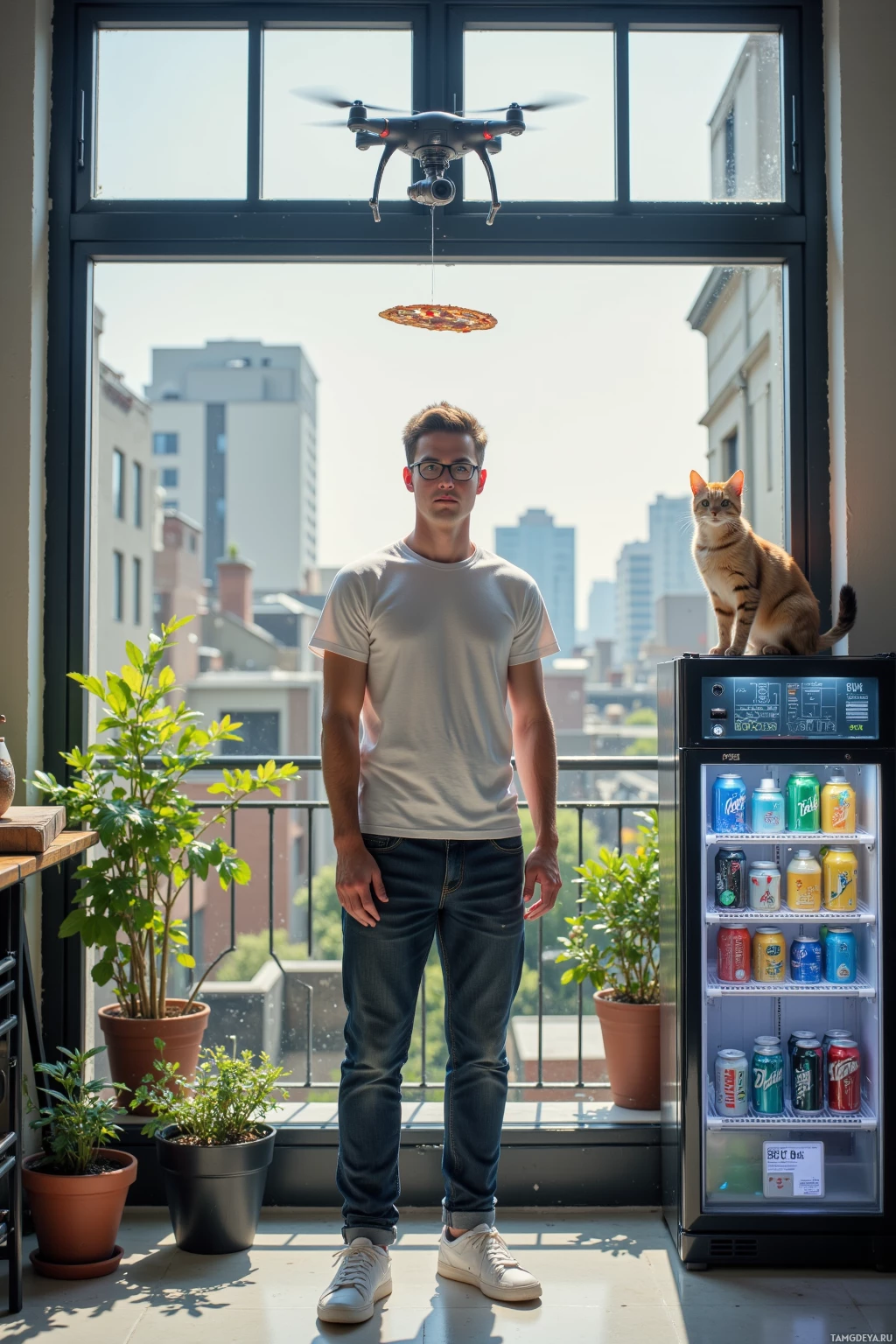 A person stands on a balcony with a cat on a mini fridge, a drone flying above, and a cityscape in the background.