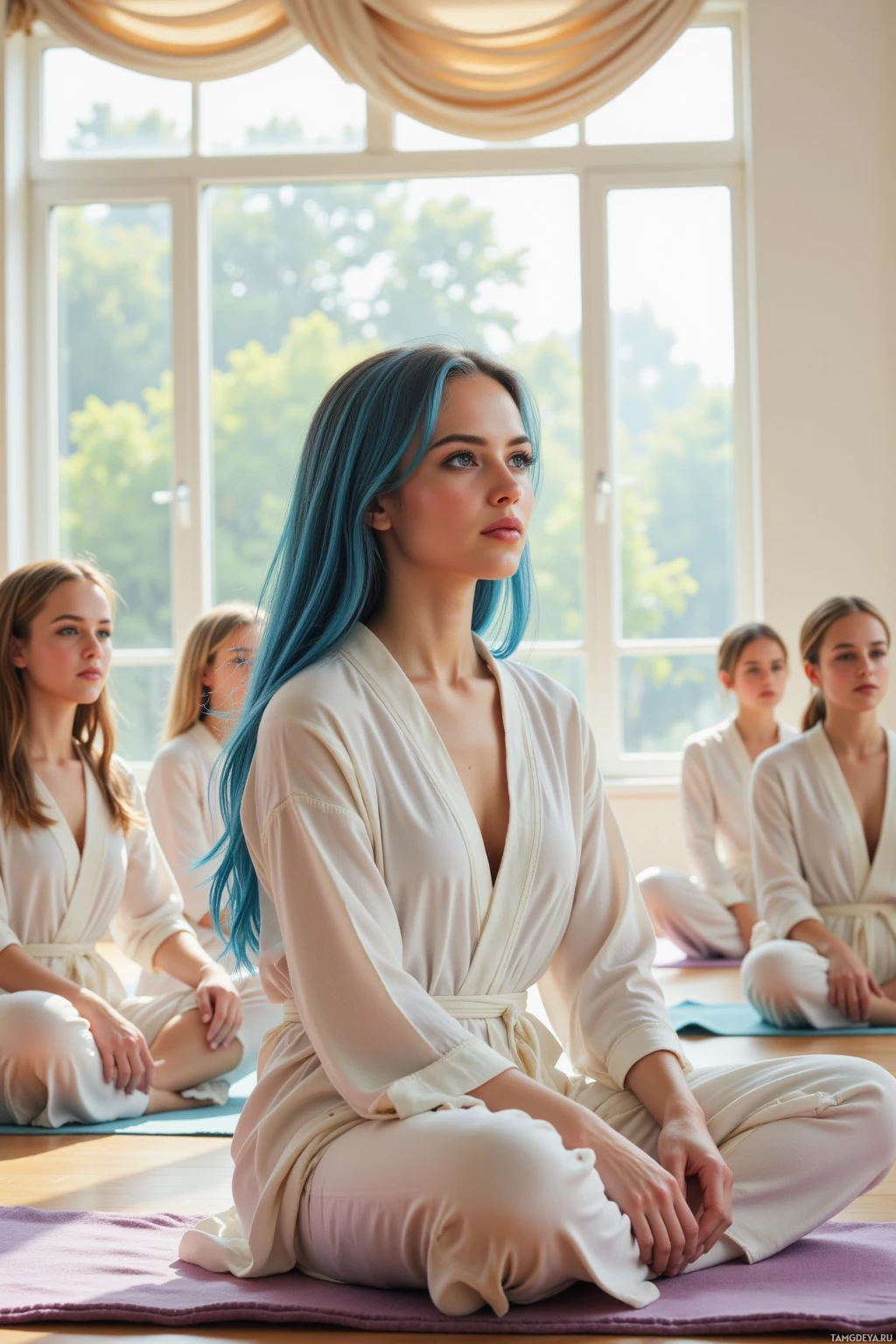 A group of people in white robes are seated in a yoga class.