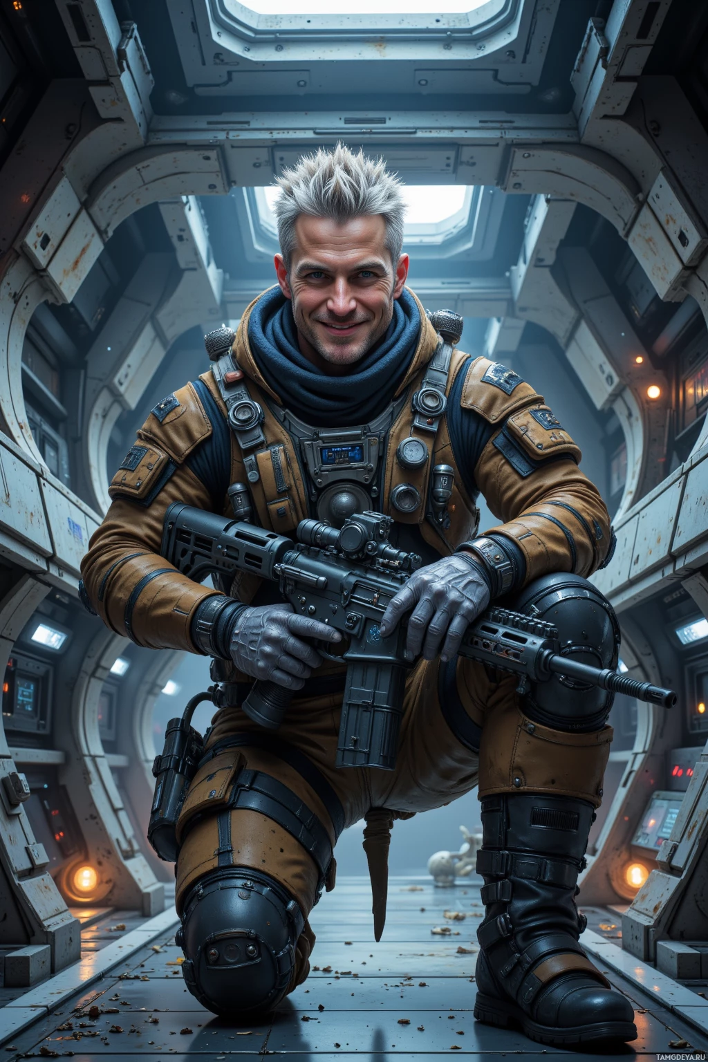 A soldier in a futuristic space suit kneels inside a spacecraft, holding a rifle.