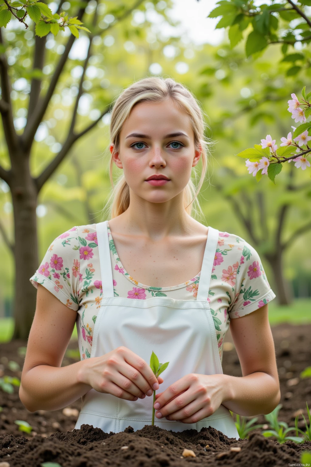 A young woman in a floral apron holds a small plant in a garden setting.