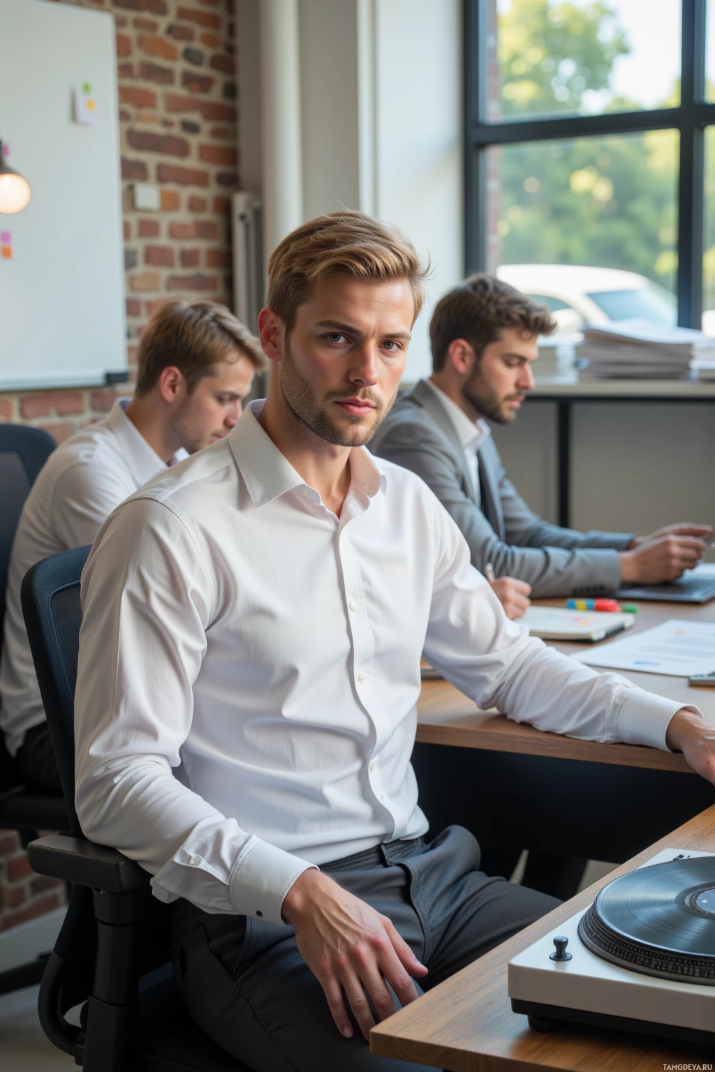Three men in a modern office setting, one in the foreground wearing a white shirt, with a record player on the desk.