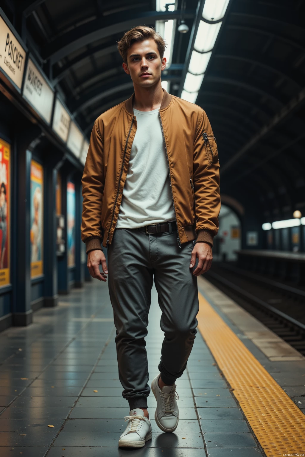 A man stands on a train platform wearing a brown bomber jacket, white t-shirt, gray pants, and white sneakers.