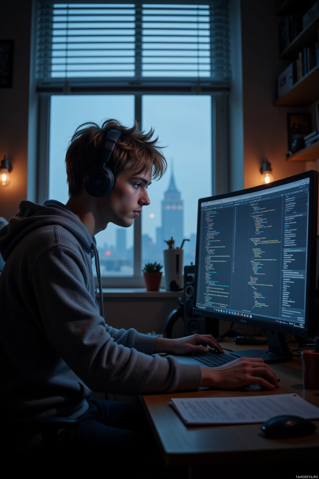 A person wearing headphones works on a computer in a dimly lit room with a cityscape visible through the window.