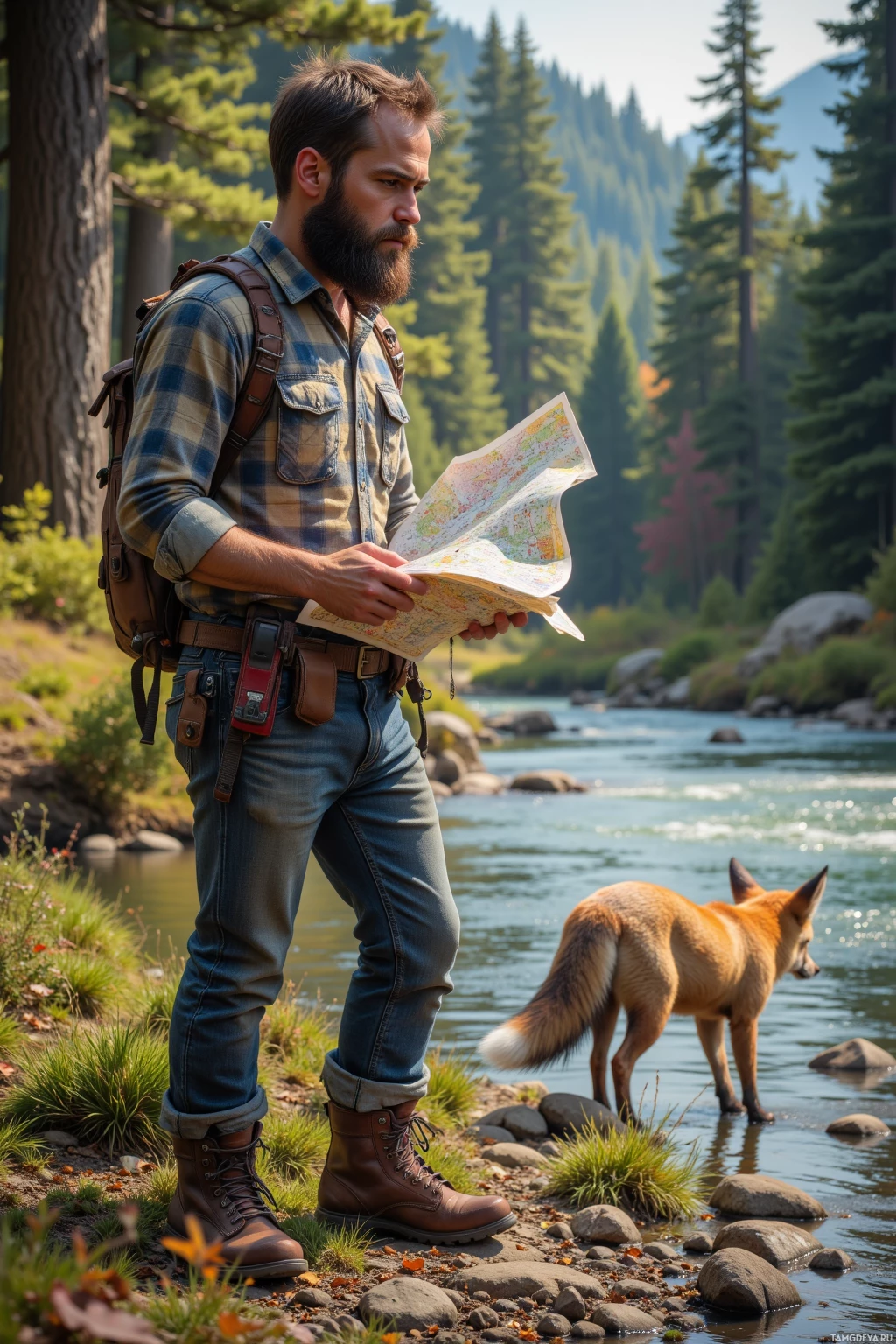 A man stands by a river, holding a map and wearing outdoor gear, with a fox nearby.