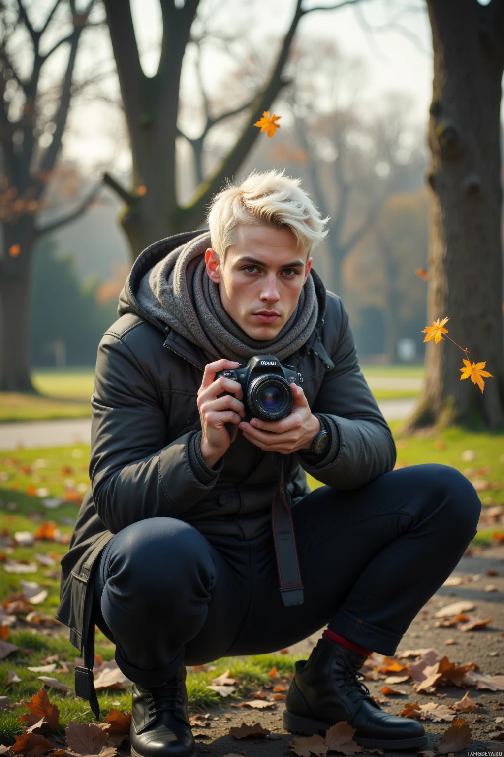 A person crouches in a park, holding a camera, with autumn leaves scattered around.