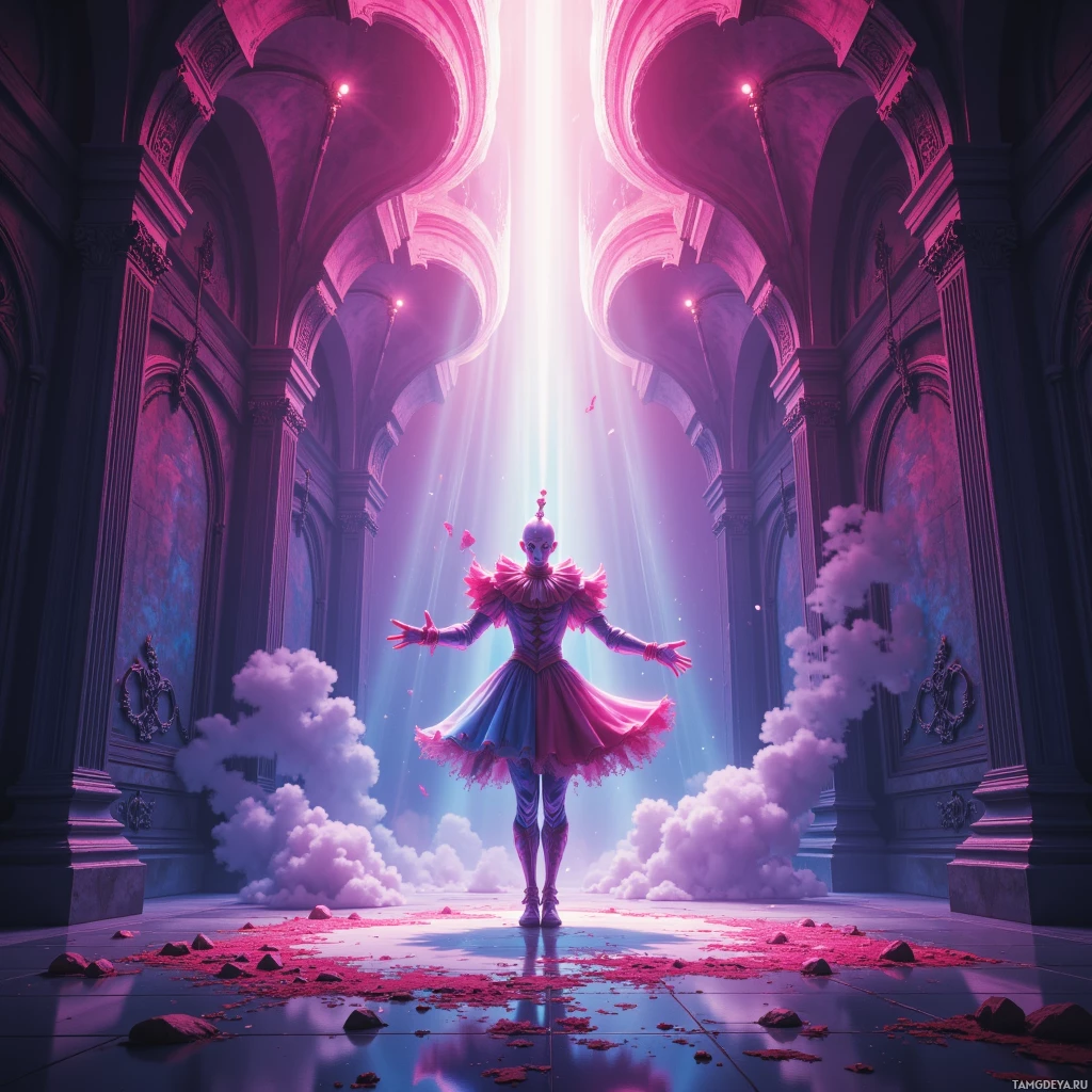 A figure in a pink and blue dress stands in a grand, ornate hall with beams of light and floating clouds.