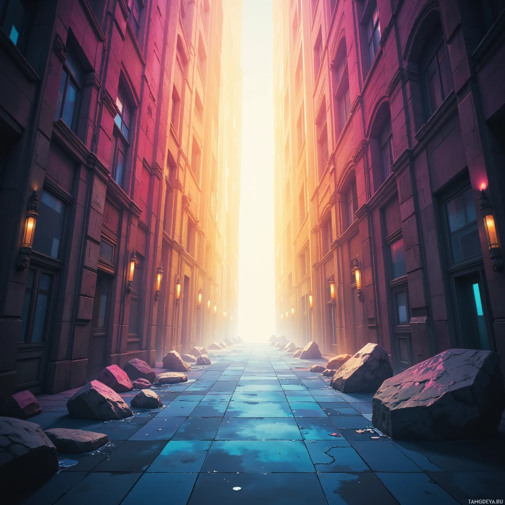A city alleyway with tall buildings, glowing lights, and scattered rocks leading towards a bright light at the end.