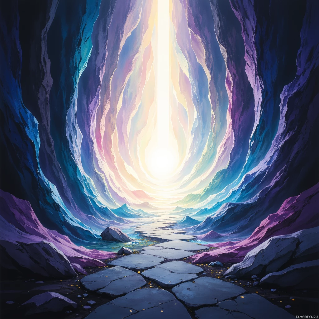 A vibrant, ethereal cave with a bright light at the end.
