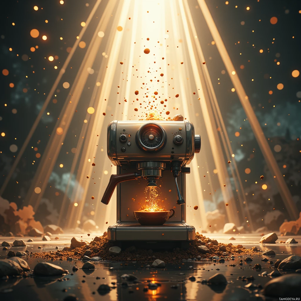 A coffee machine with a cup of coffee emitting glowing particles against a backdrop of beams of light and floating golden specks.