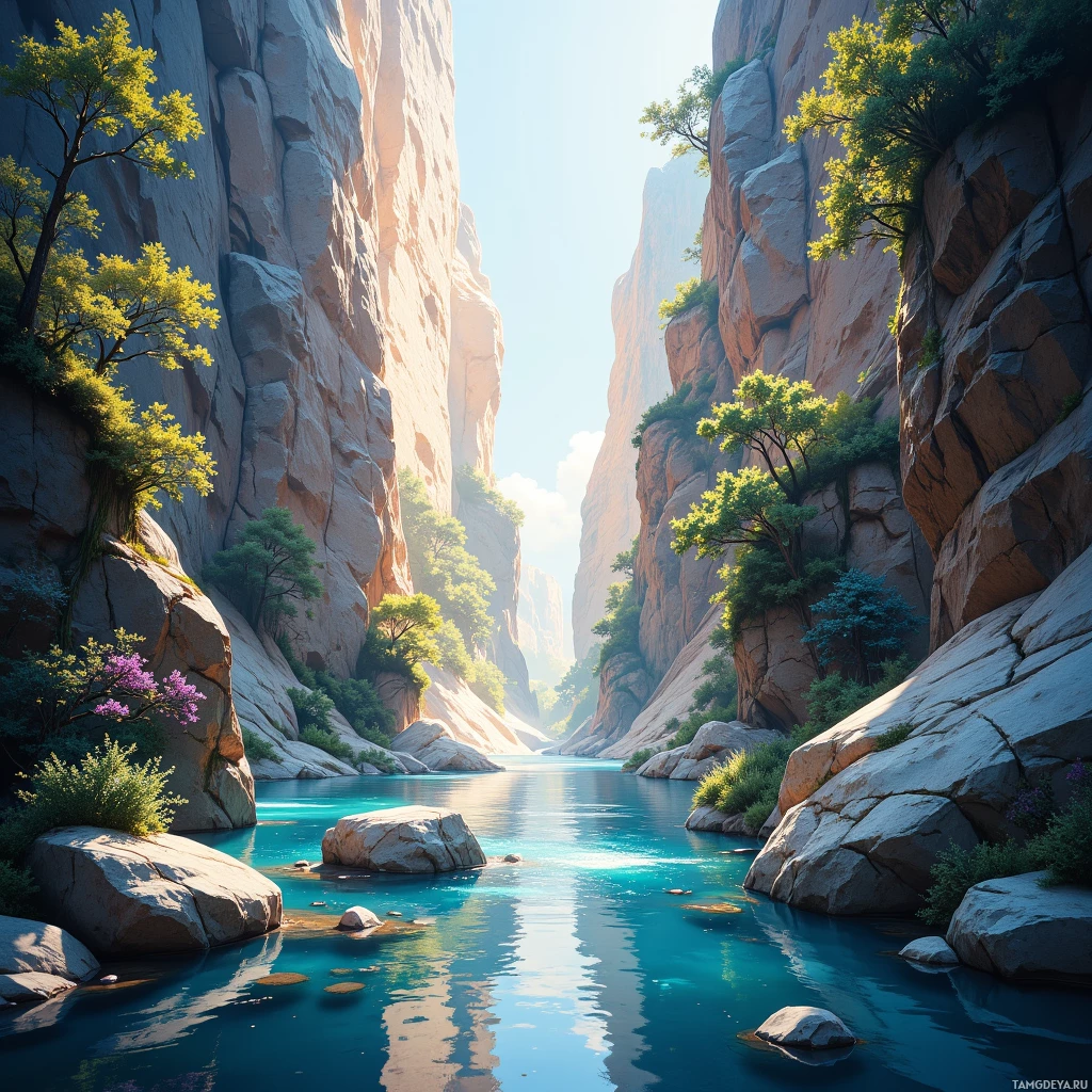 A serene canyon with towering rock walls, lush greenery, and a tranquil turquoise river.