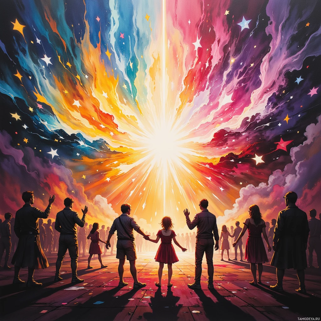 A group of people stands in awe as a radiant, colorful light beam ascends into a starry sky.