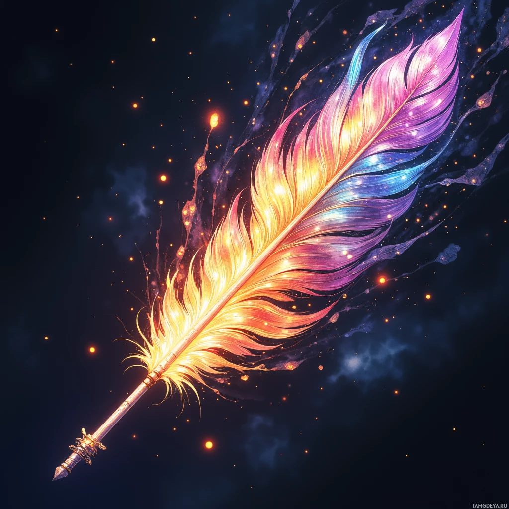 A vibrant, glowing feather with a metallic tip against a dark, starry background.