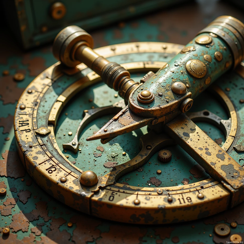 A close-up of a weathered, vintage compass with brass and green elements.