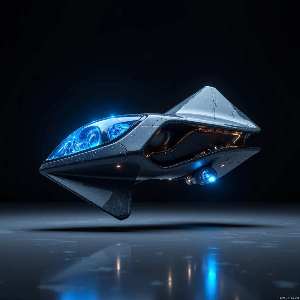 A futuristic, sleek vehicle with glowing blue lights hovers against a dark background.