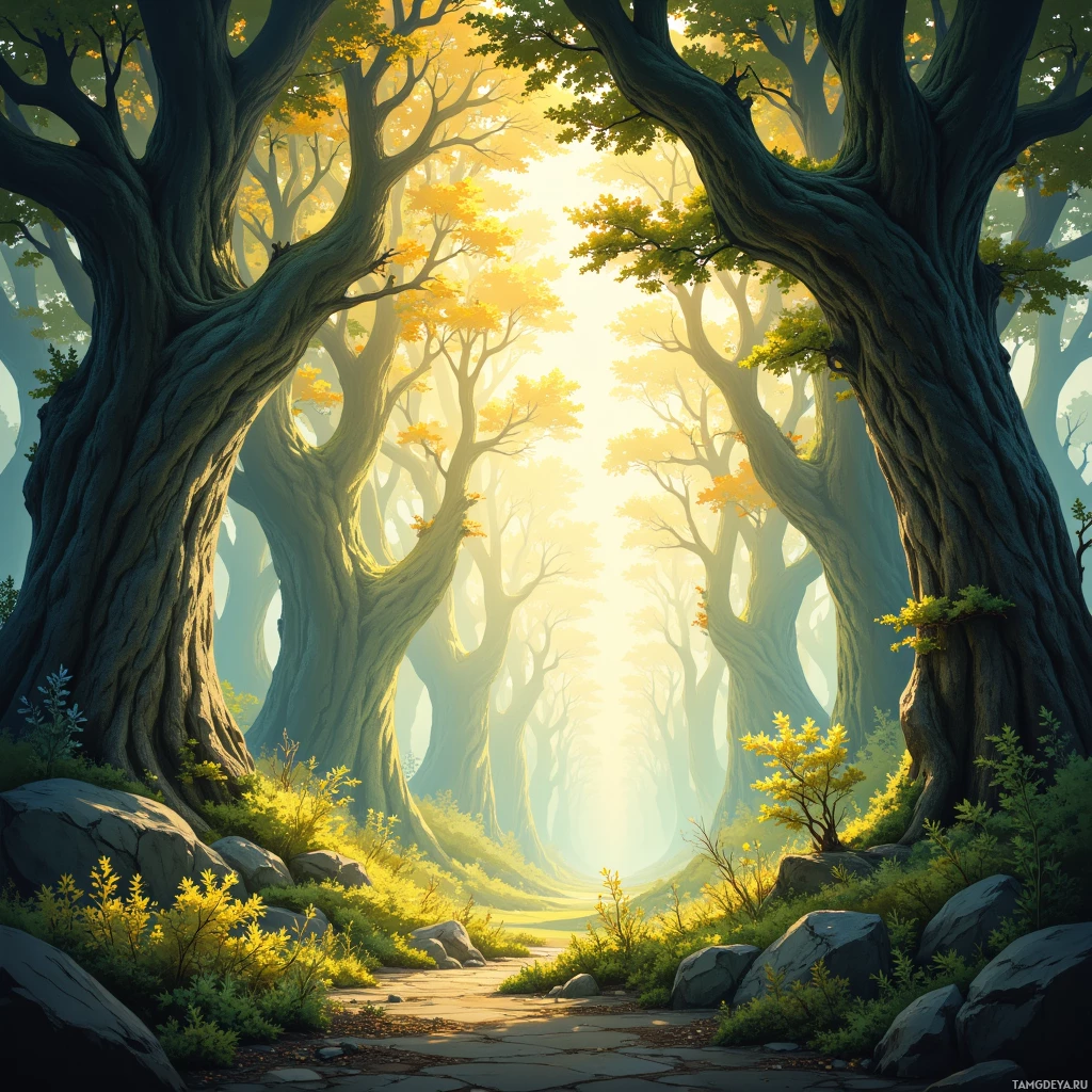 A serene forest scene with tall, gnarled trees and a path leading through a sunlit clearing.