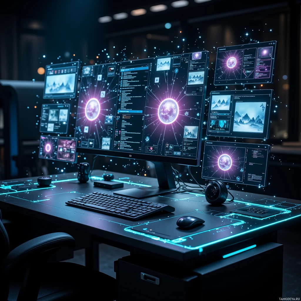 A futuristic workspace featuring multiple monitors displaying advanced graphical interfaces and glowing neon lights.