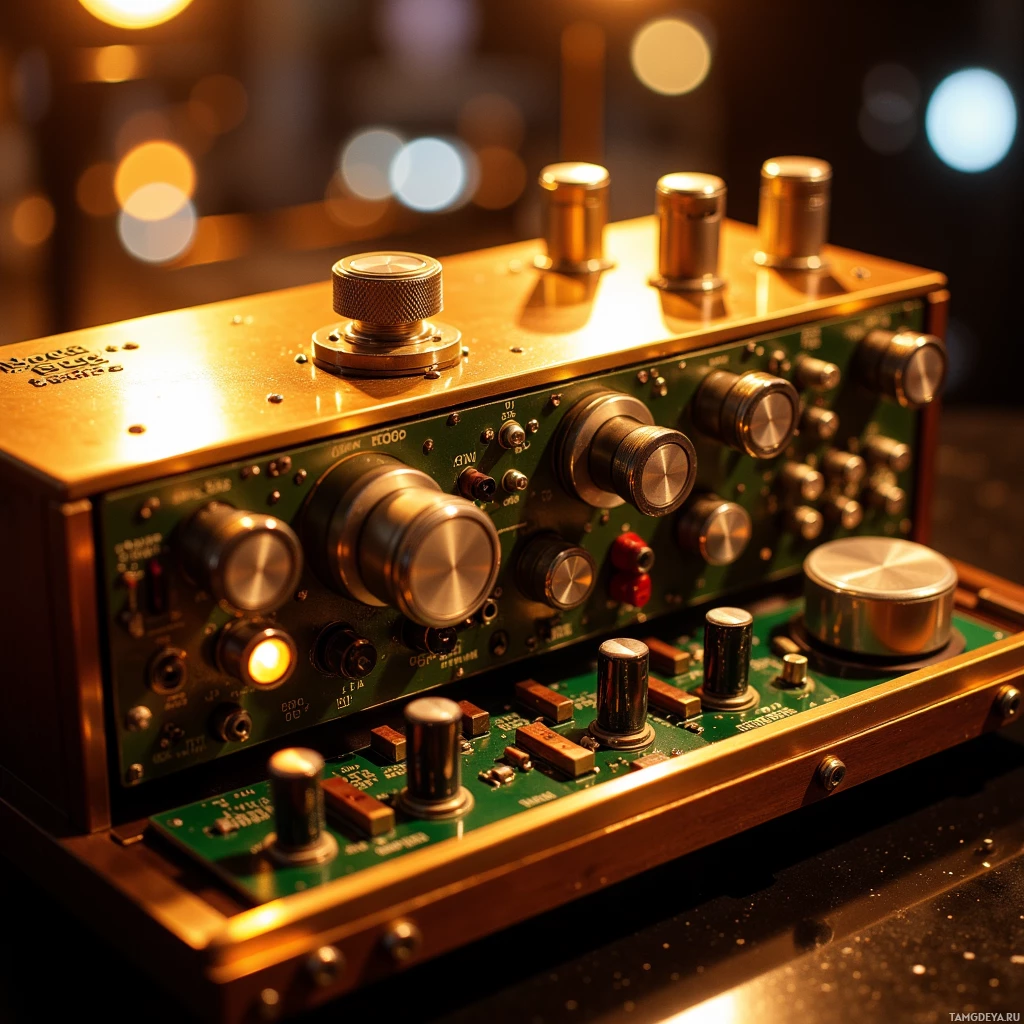 A close-up of a vintage electronic device with metallic knobs and circuitry.