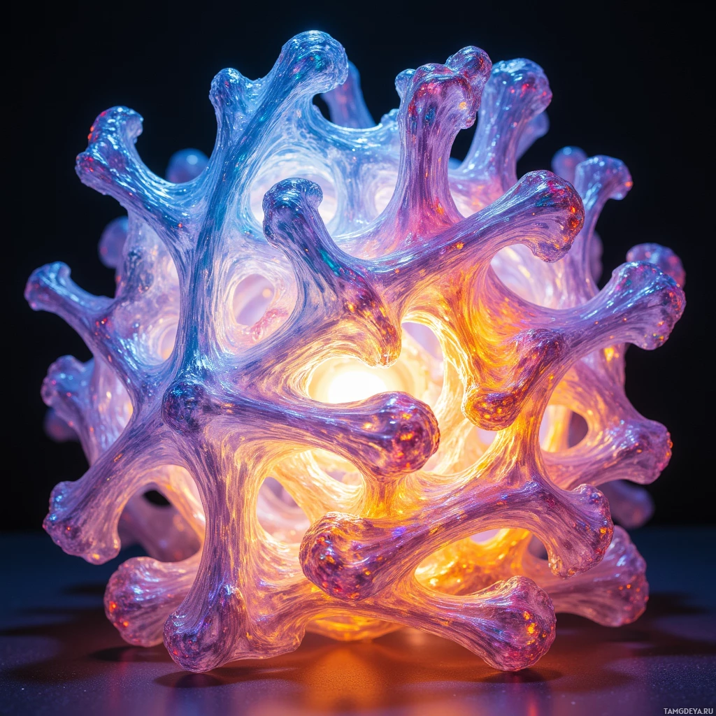 A glowing, translucent, branching structure with a gradient of colors from blue to orange.
