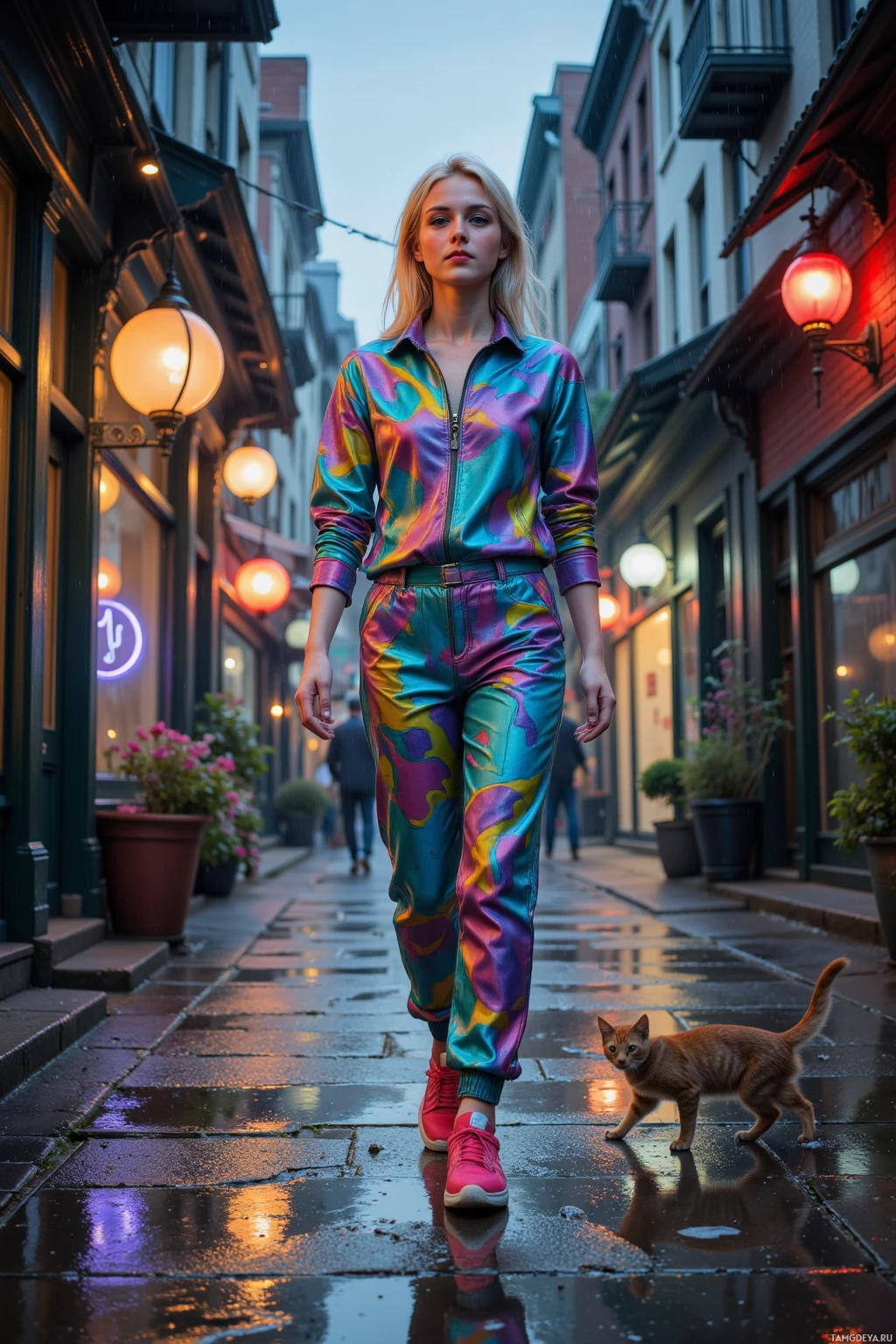 A person in a colorful, shiny outfit walks down a wet street at dusk, accompanied by a small cat.