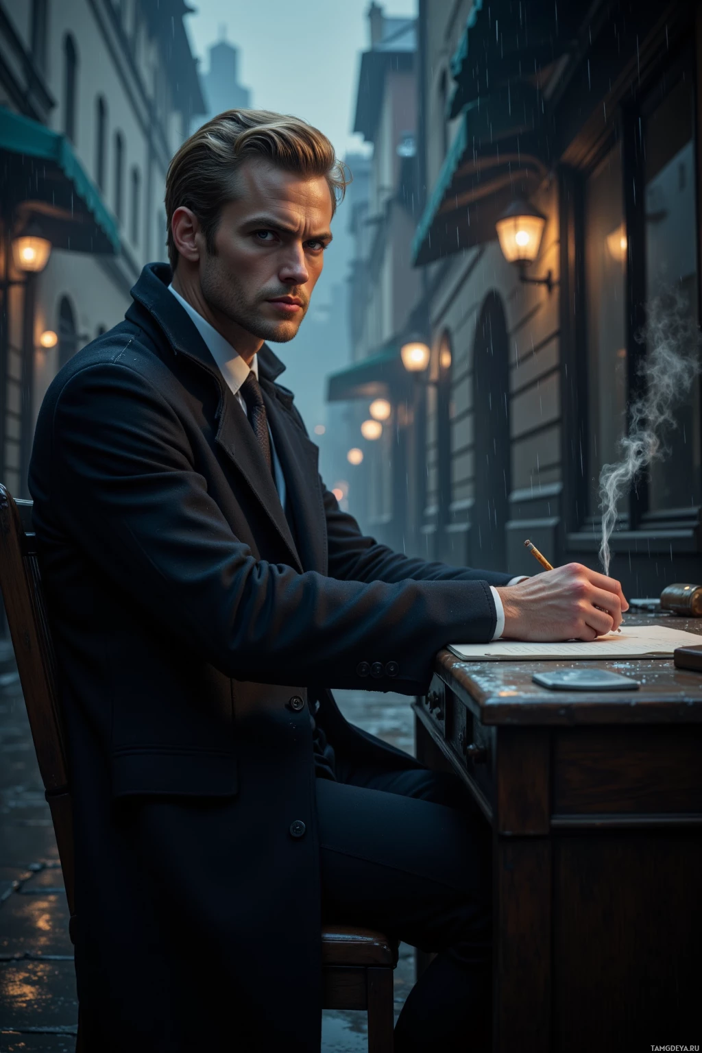A man in a suit sits at a desk in a rainy alleyway, writing on a piece of paper.