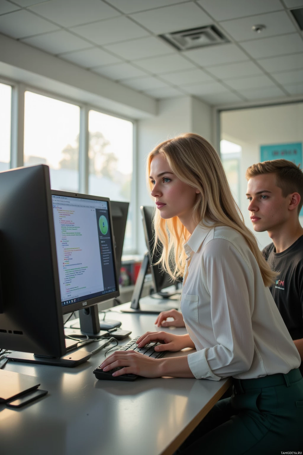 Two individuals are working at computers in a modern office setting.