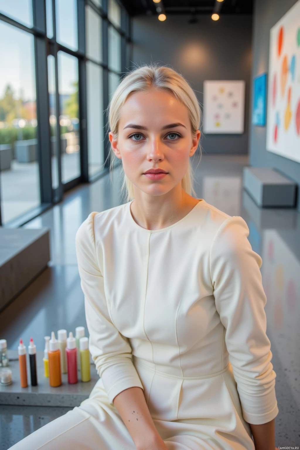 A woman in a white dress sits in a modern interior with colorful paint bottles on a table.