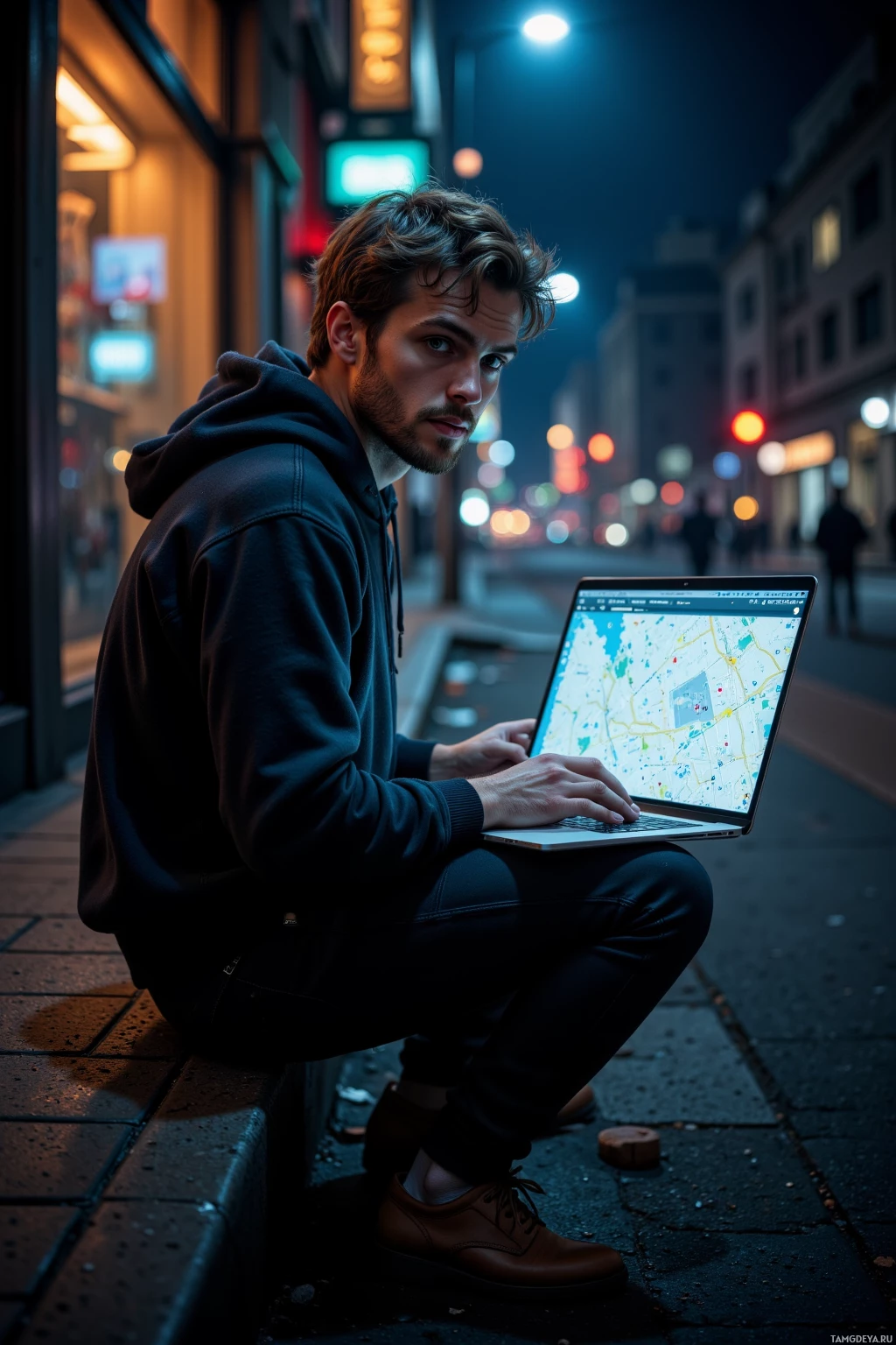 A man sits on a city sidewalk at night, using a laptop with a map displayed.