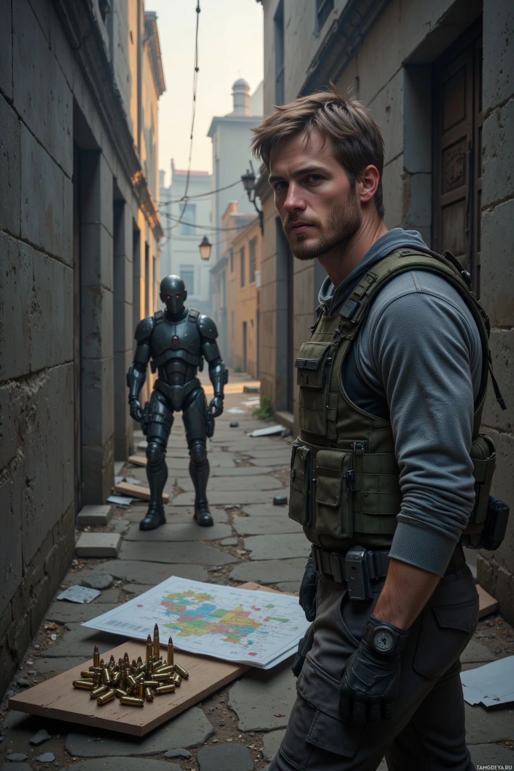 A man in tactical gear stands in an alleyway, facing a robot with glowing red eyes.
