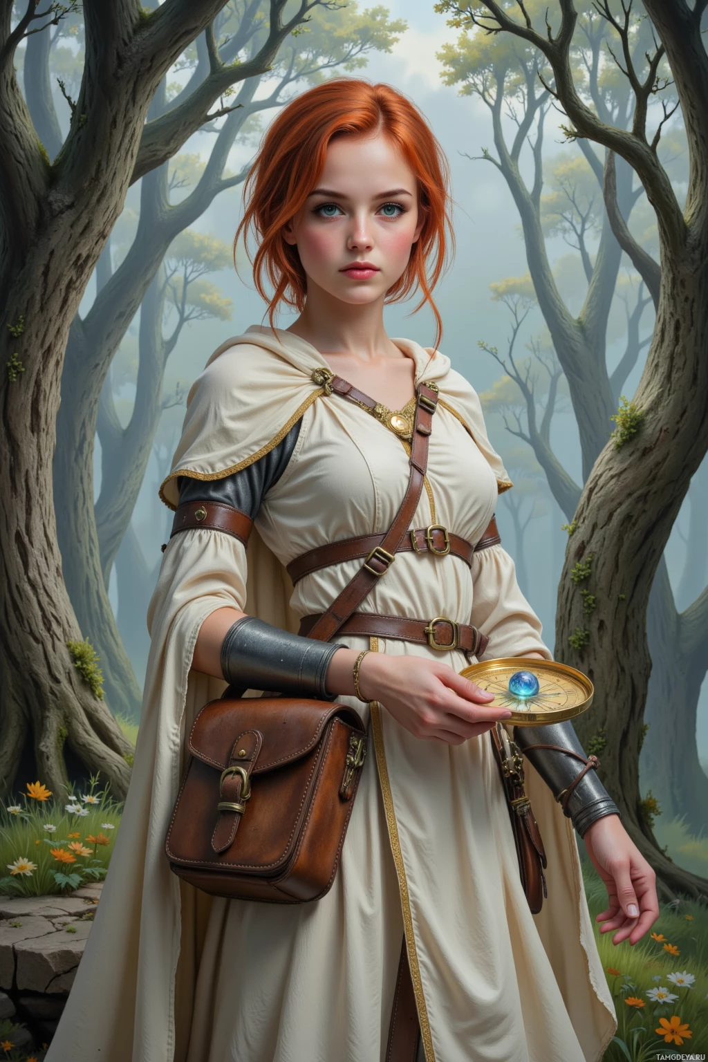 A woman with red hair stands in a forest, holding a compass and a leather bag.