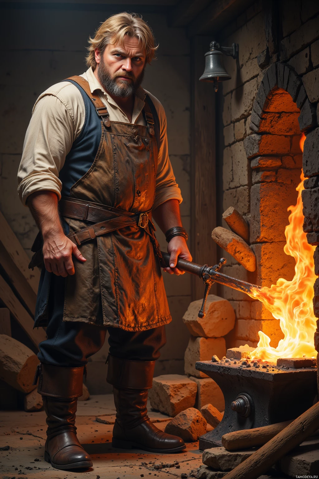 A man in a medieval-style outfit stands in a forge, holding a glowing sword.