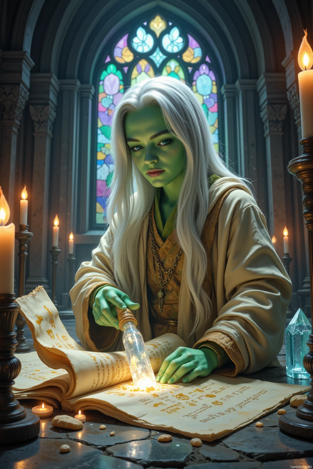A figure with green skin and long white hair sits at a table with a glowing crystal, surrounded by candles and ancient-looking books.