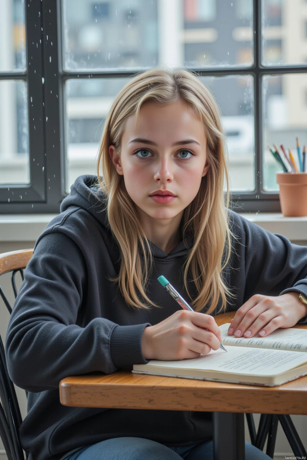 A young person wearing a hoodie sits at a desk, writing in a notebook.