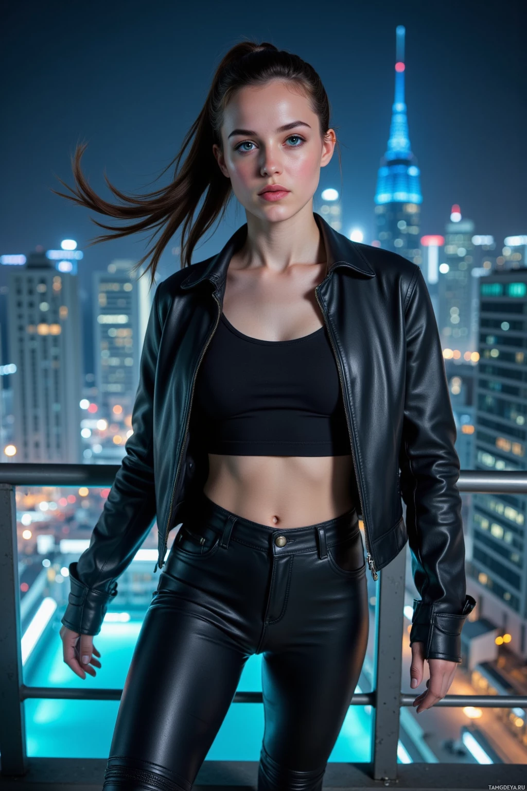 A woman in a black leather jacket and pants stands on a rooftop overlooking a cityscape at night.