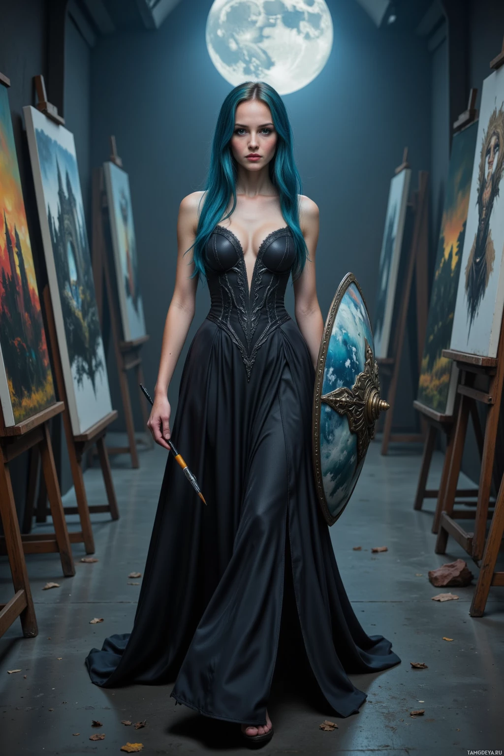 A woman in a black dress stands in an art gallery holding a paintbrush and a shield.