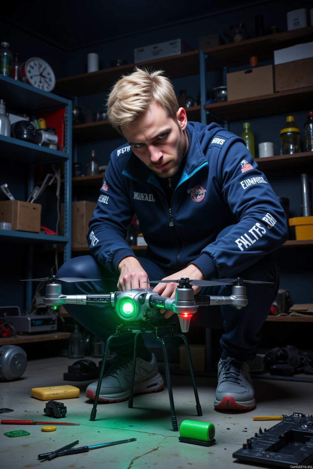 A person in a blue jacket is working on a drone in a workshop.